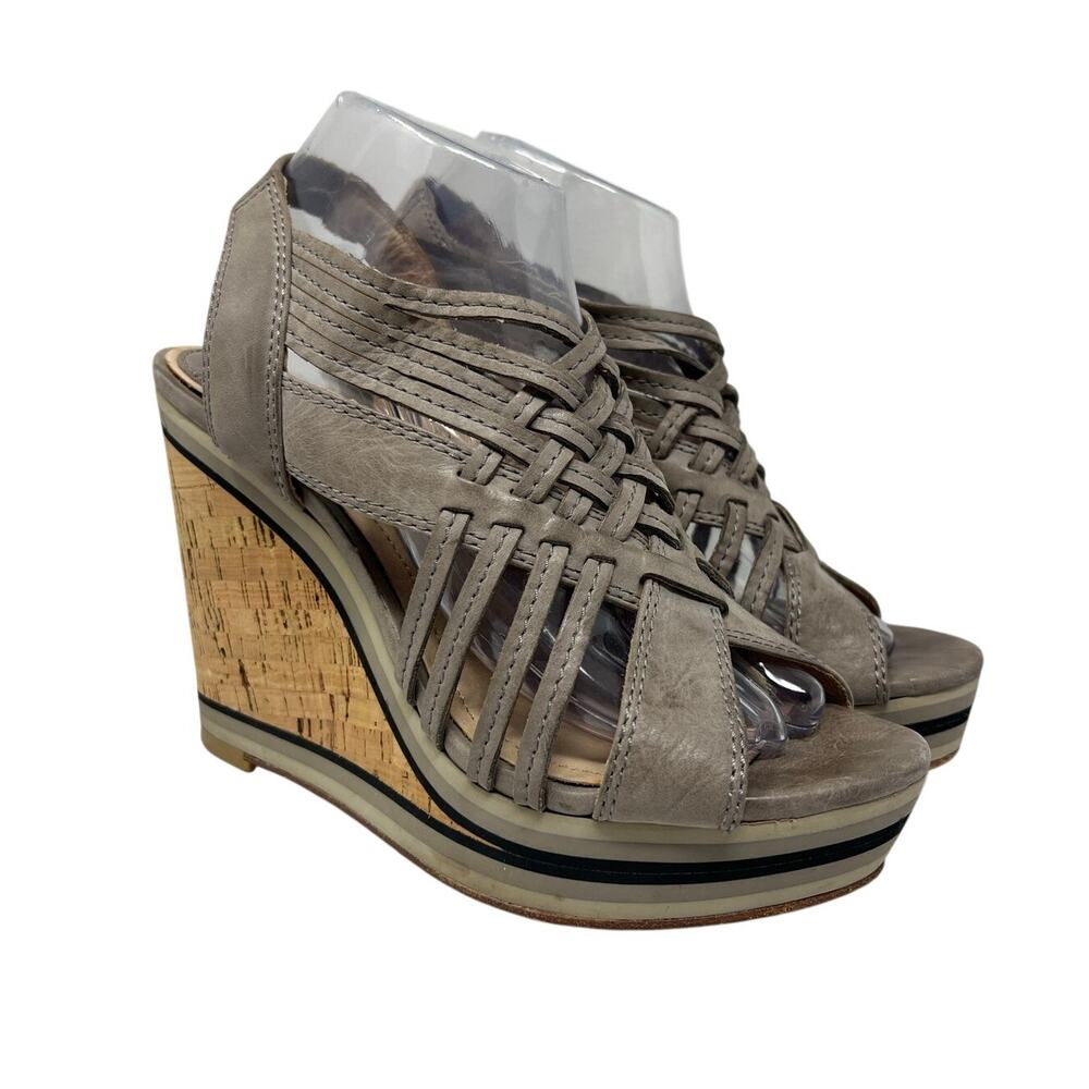 Frye Corrina Gray Woven Leather Strappy Wedge Heels 9